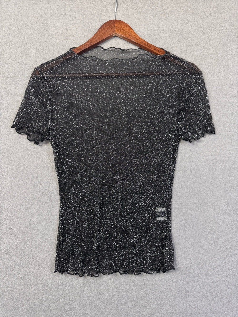 Sparkle Mesh Short Sleeve T-Shirt Top Stretchy Sheer Top, Black and Silver, M/L
